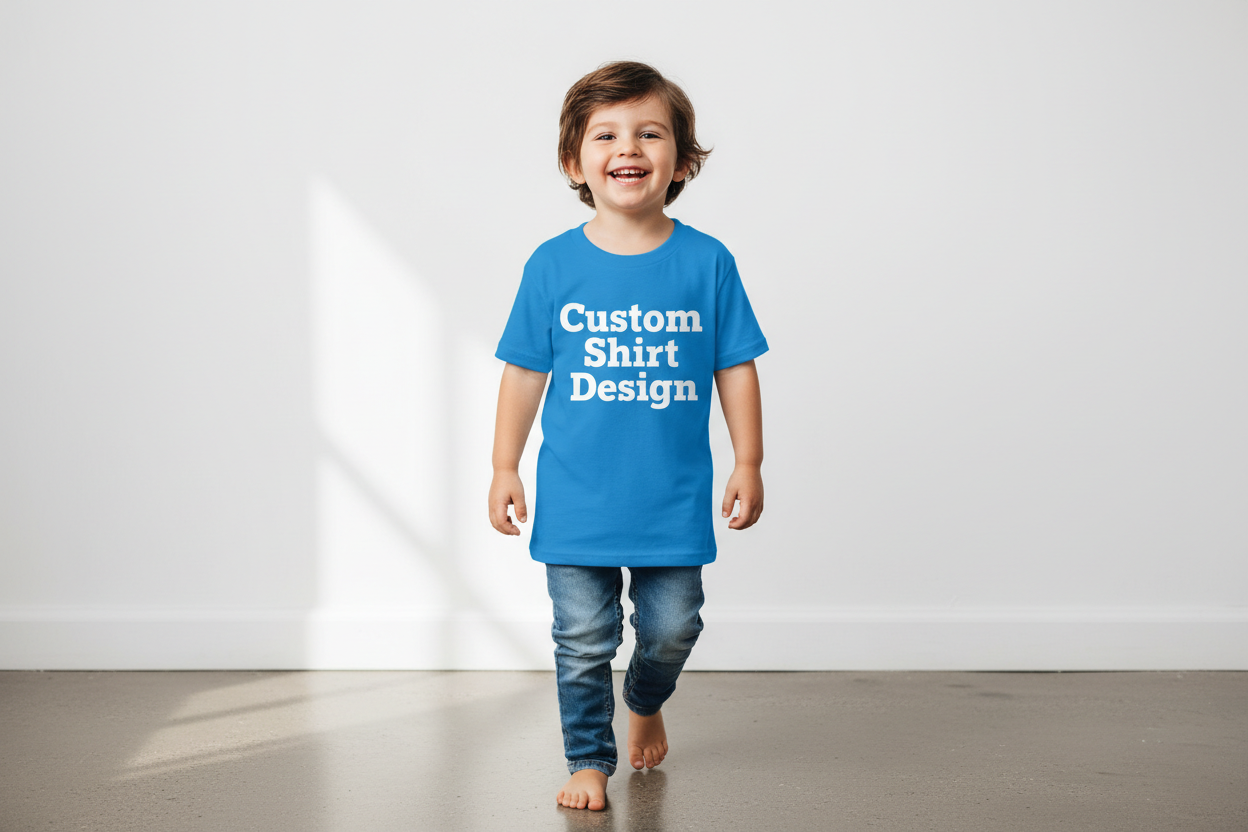 mock up a kid with a shirt that says: Custom Shirt Design
